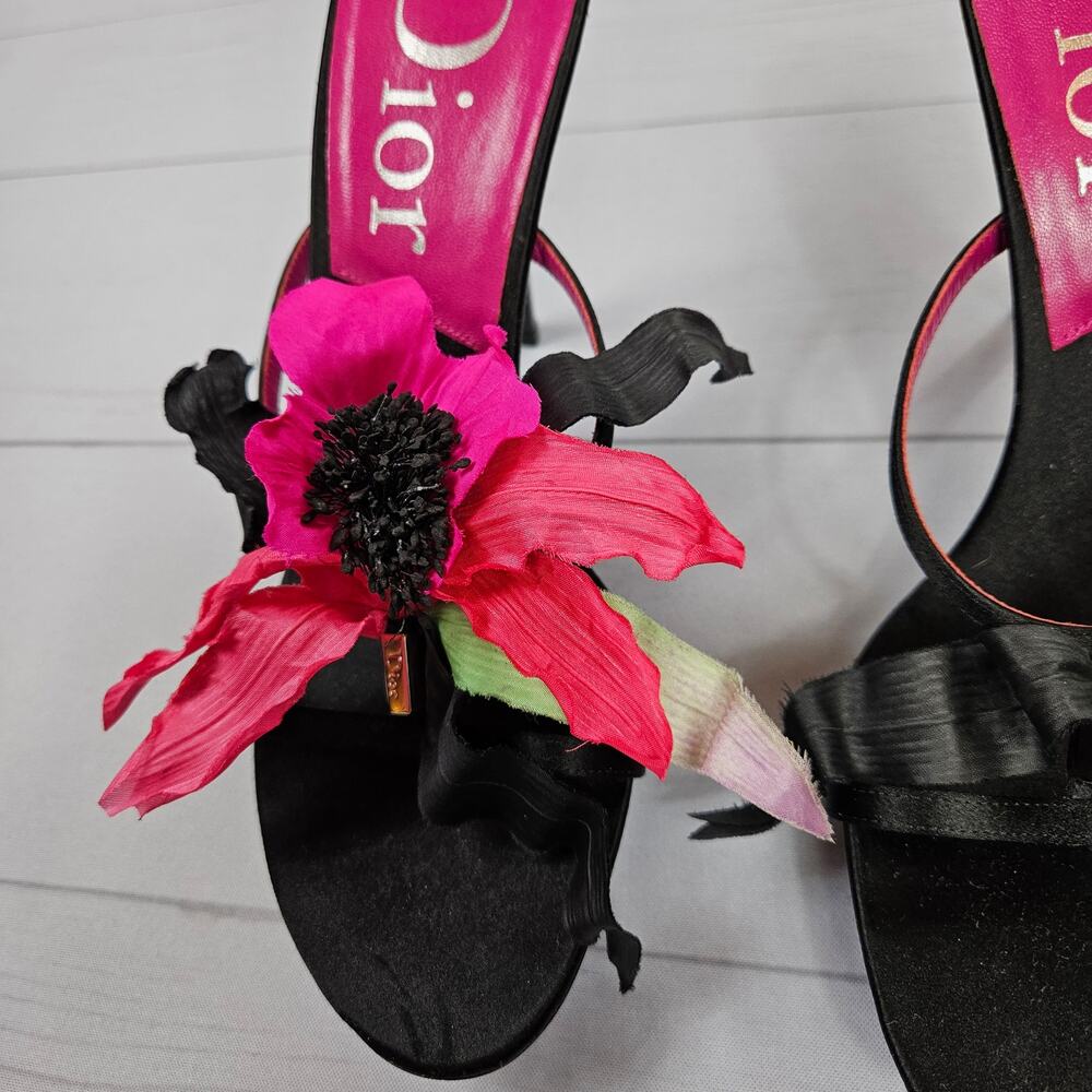 Y2k Dior Heels Hawaii Glamour Mules Black Satin Flower Detail Rare - Size 37 EU - Picture 16 of 16